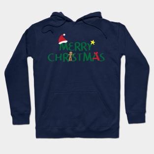 Merry Christmas logo with santa hat, Yellow star, gingerbread cookie and red ribbon on white background Hoodie